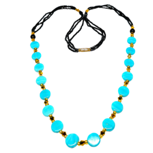 Monkvilla Afghani Ethnic Style Blue and Black Bead Necklace with Golden Faceted Spacers