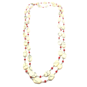 Monkvilla Dainty Faux Howlite Long Necklace with Crystal and Red Spacers